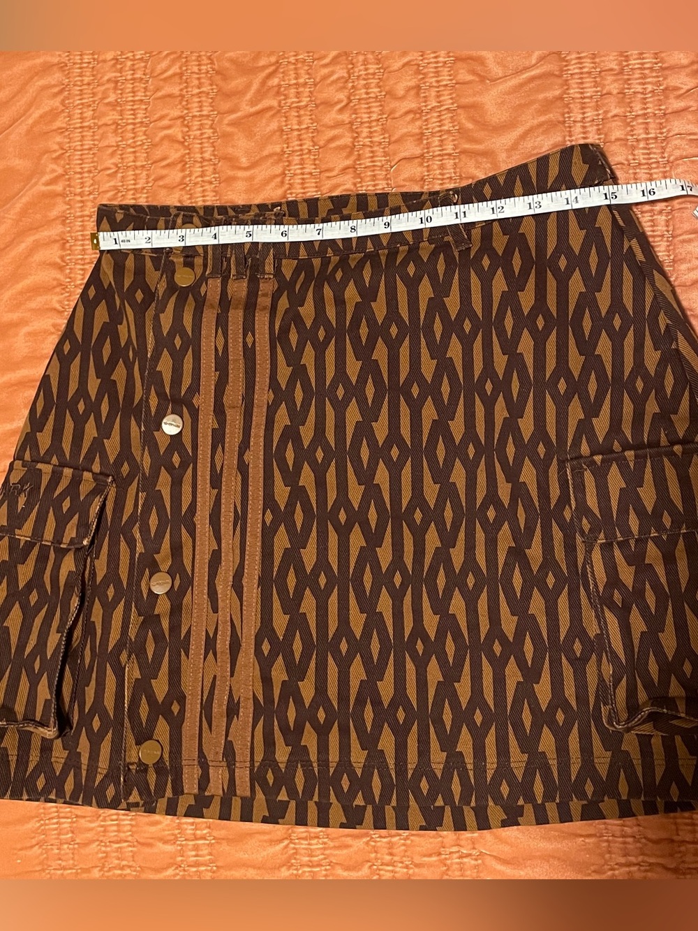 Geo Print Brown Mini Skirt with Button Front - Picture 2 of 4